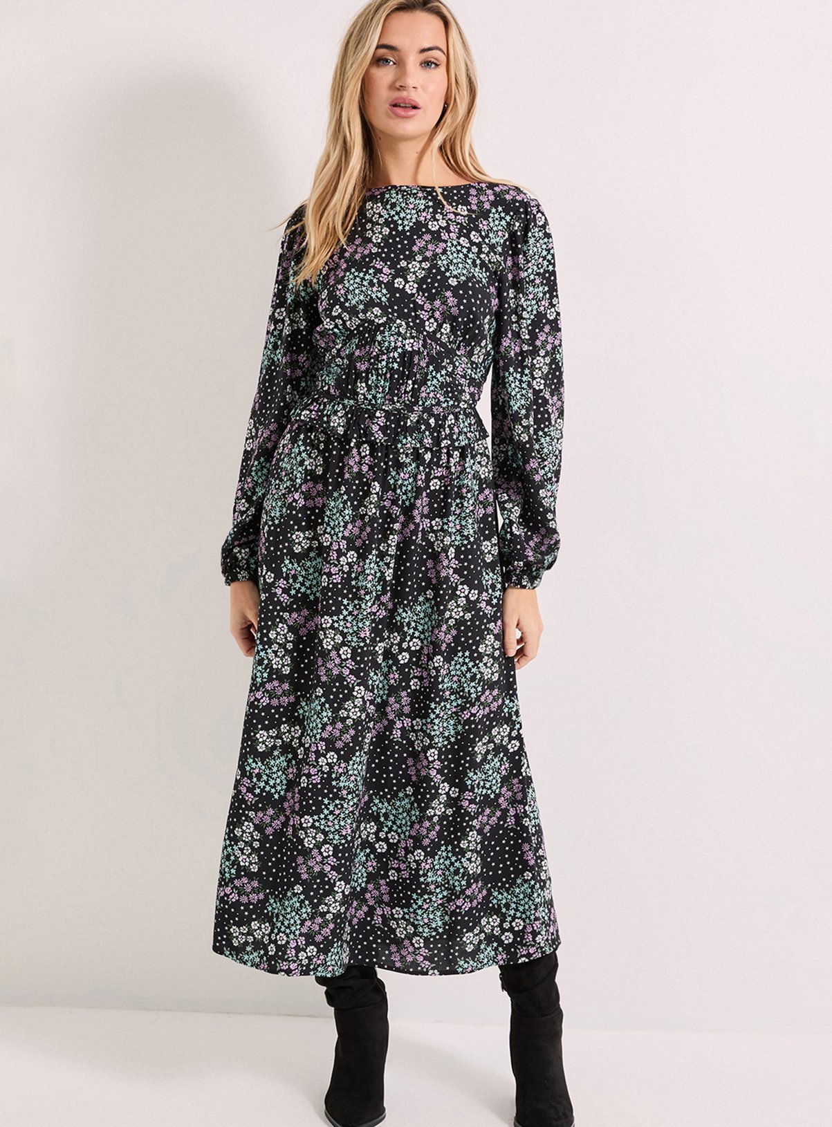 DOROTHY PERKINS Purple Floral Gathered Waist Detail Blouson Sleeve Printed Midi Dress 14 - Image 1 thumbnail