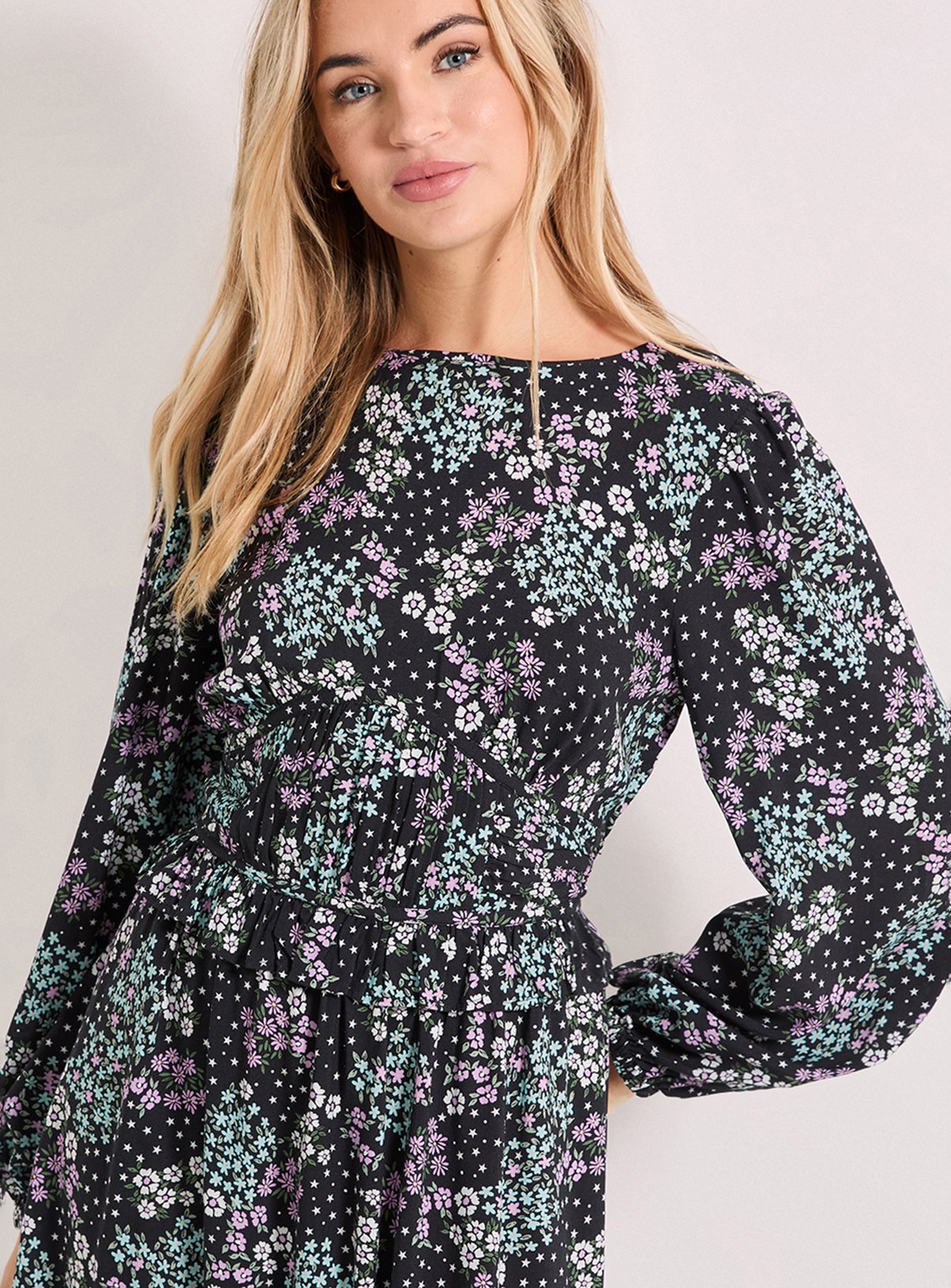 DOROTHY PERKINS Purple Floral Gathered Waist Detail Blouson Sleeve Printed Midi Dress 14 - Image 2 thumbnail