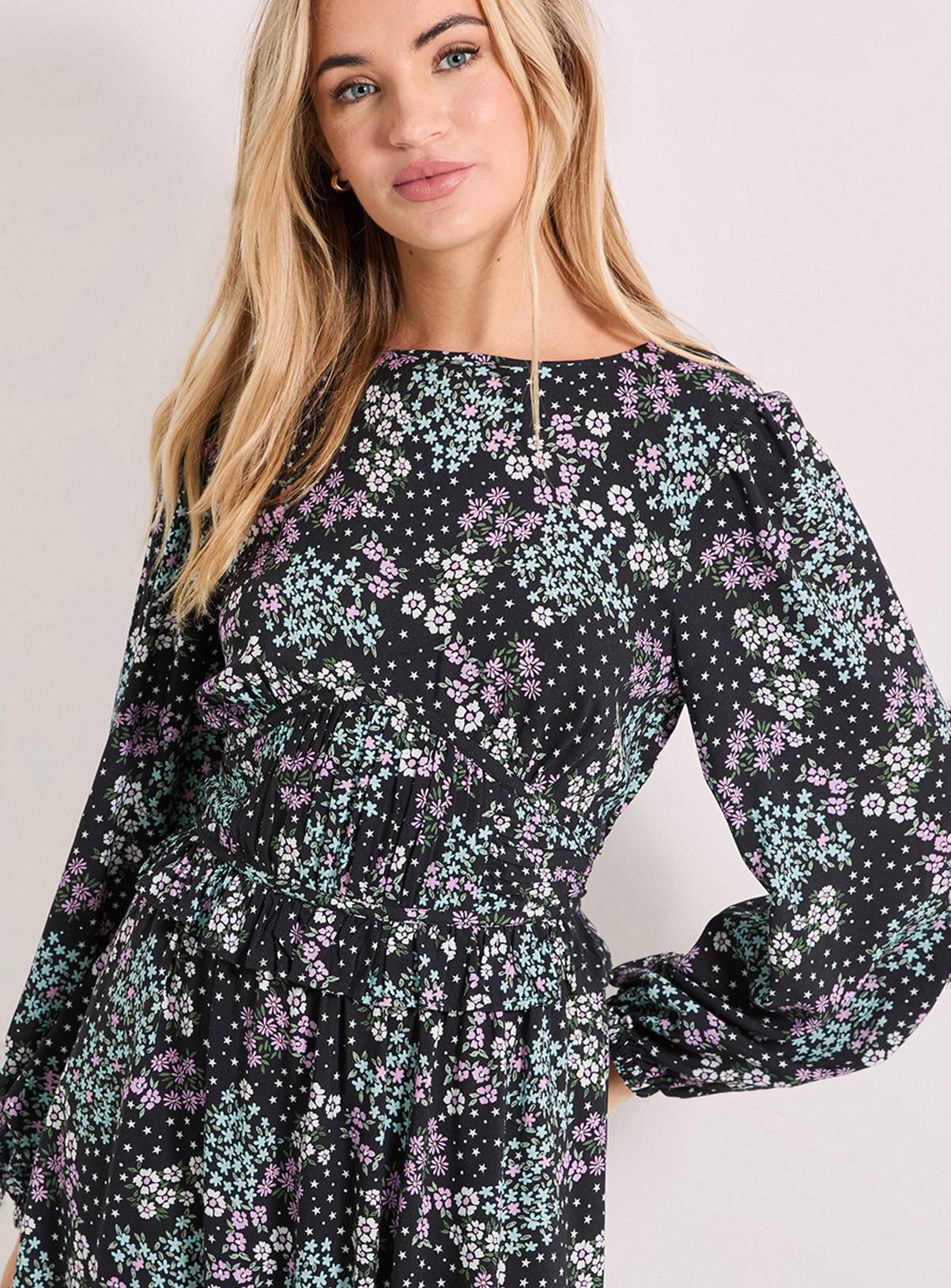 DOROTHY PERKINS Purple Floral Gathered Waist Detail Blouson Sleeve Printed Midi Dress 14 - Image 2