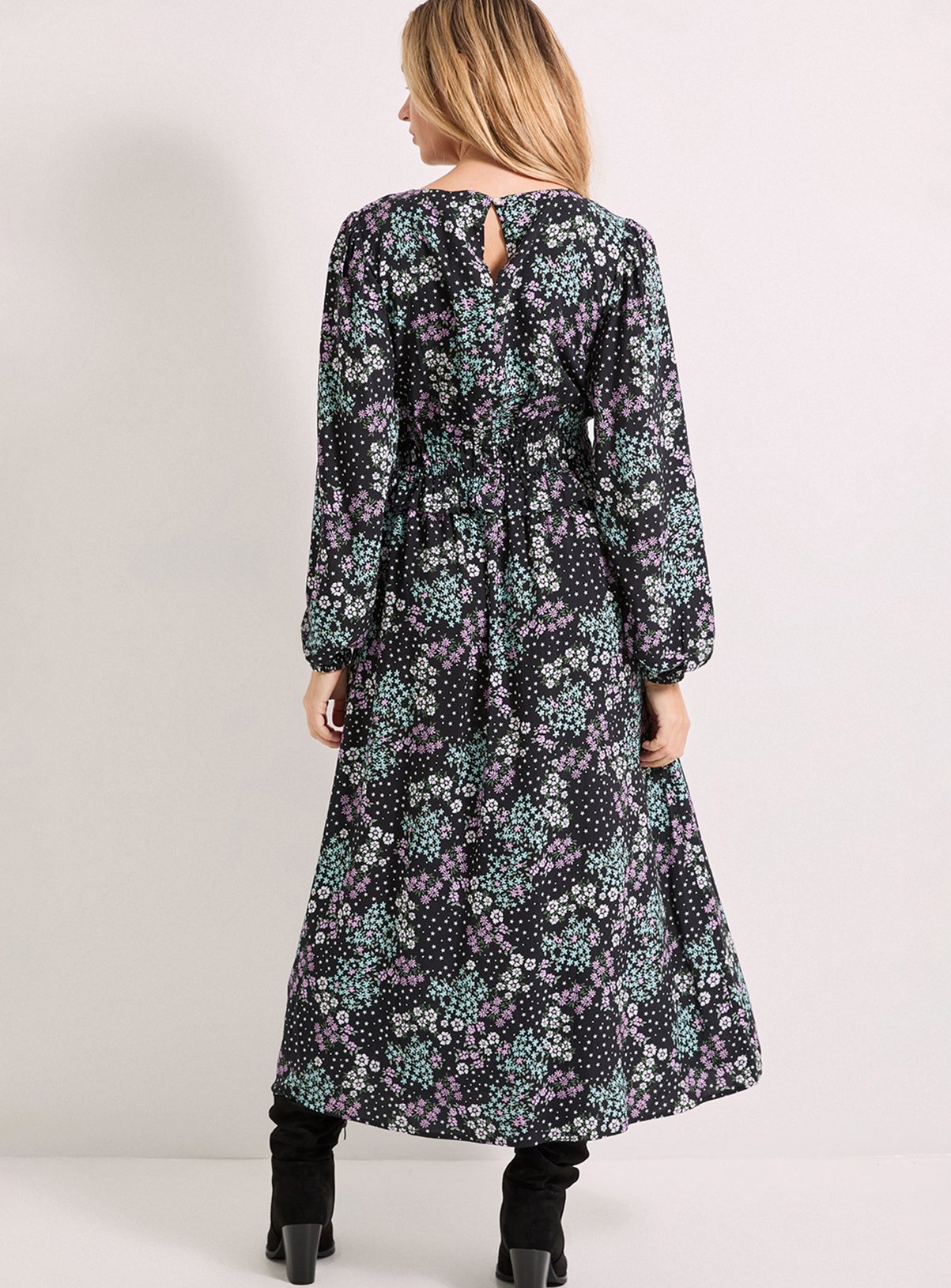 DOROTHY PERKINS Purple Floral Gathered Waist Detail Blouson Sleeve Printed Midi Dress 14 - Image 3 thumbnail