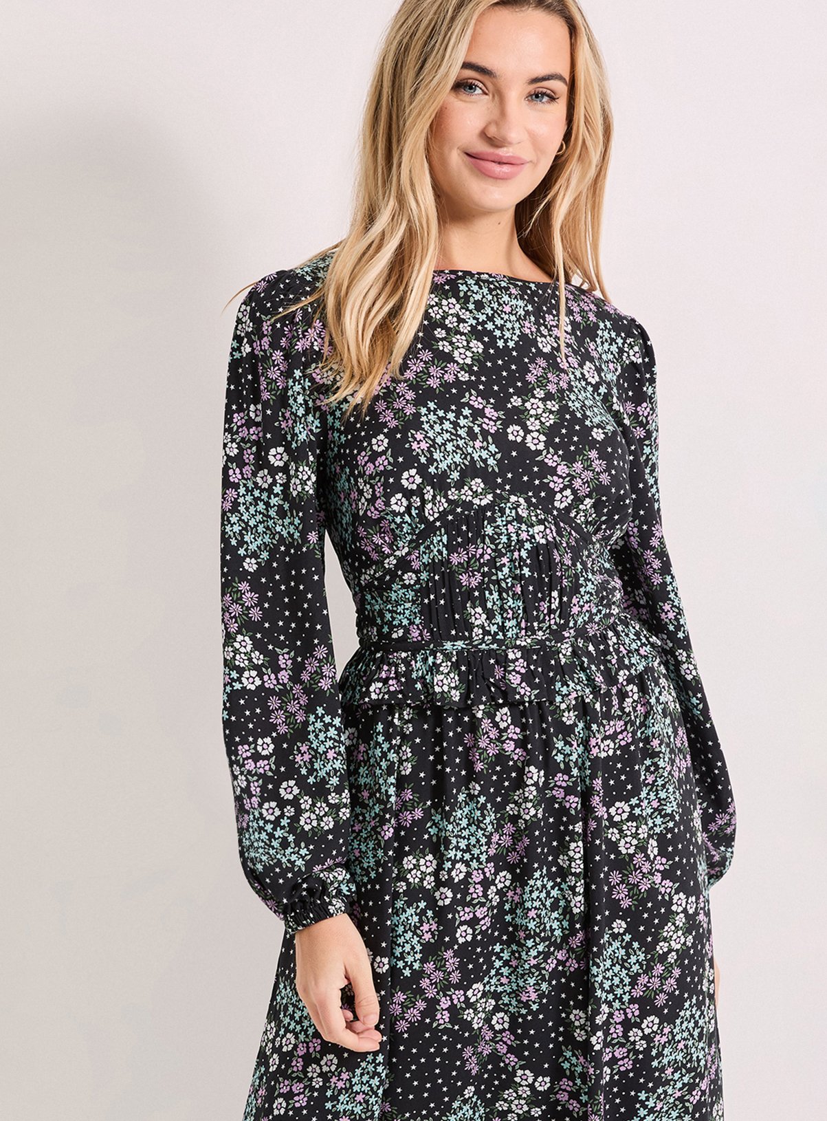 DOROTHY PERKINS Purple Floral Gathered Waist Detail Blouson Sleeve Printed Midi Dress 14 - Image 4 thumbnail