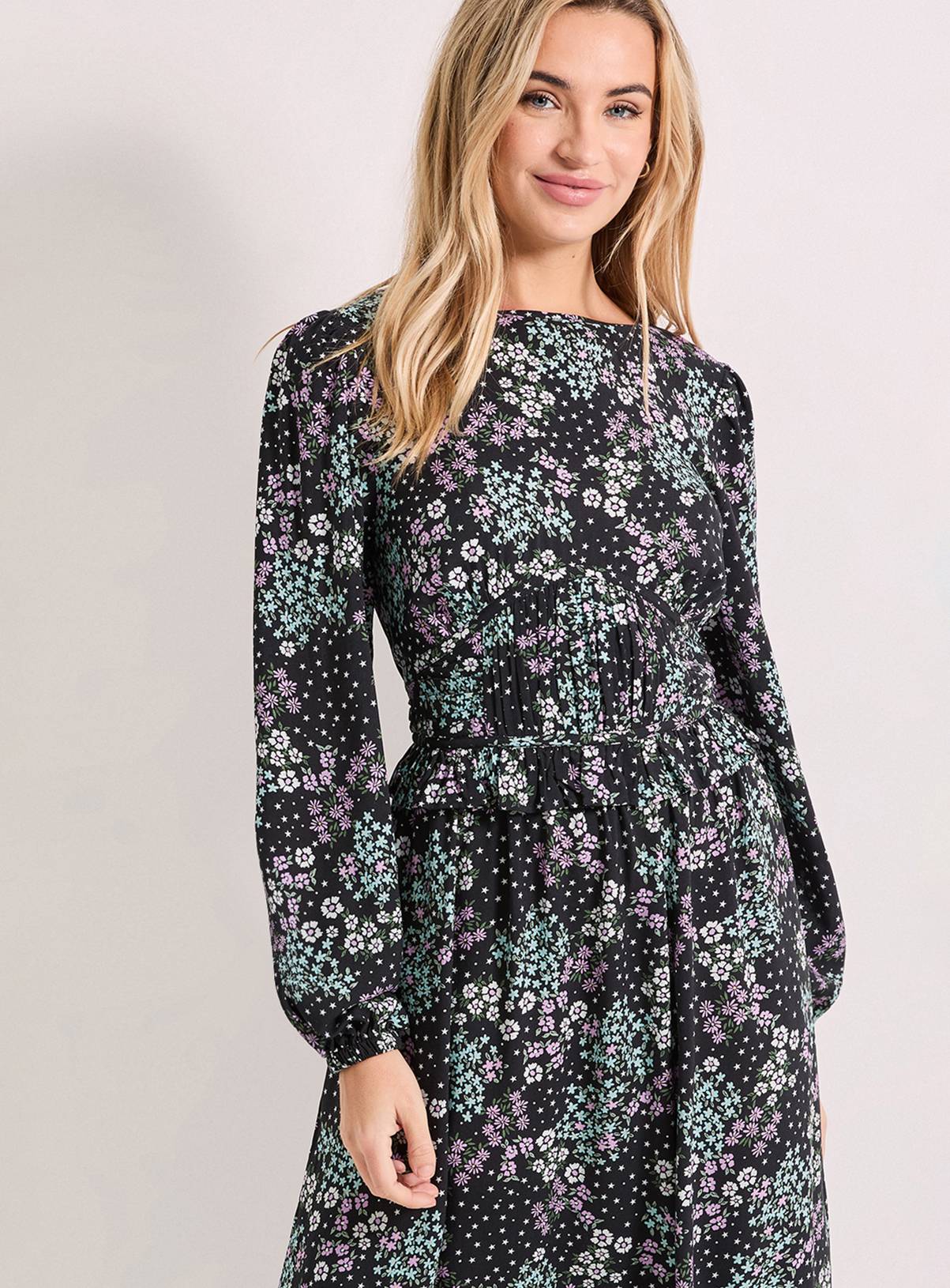 DOROTHY PERKINS Purple Floral Gathered Waist Detail Blouson Sleeve Printed Midi Dress 14 - Image 4