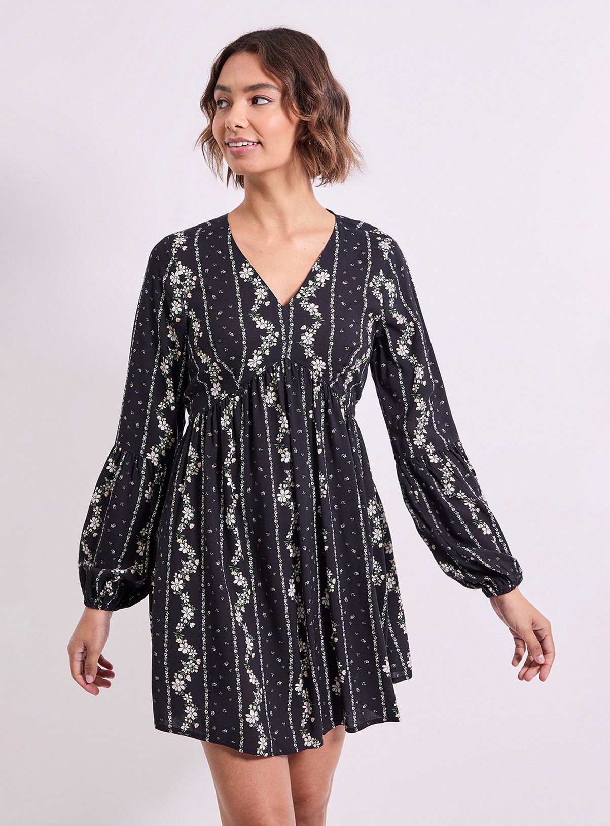 DOROTHY PERKINS V Neck Smock Blouson Sleeve Printed Mini Dress 10 - Image 1 thumbnail