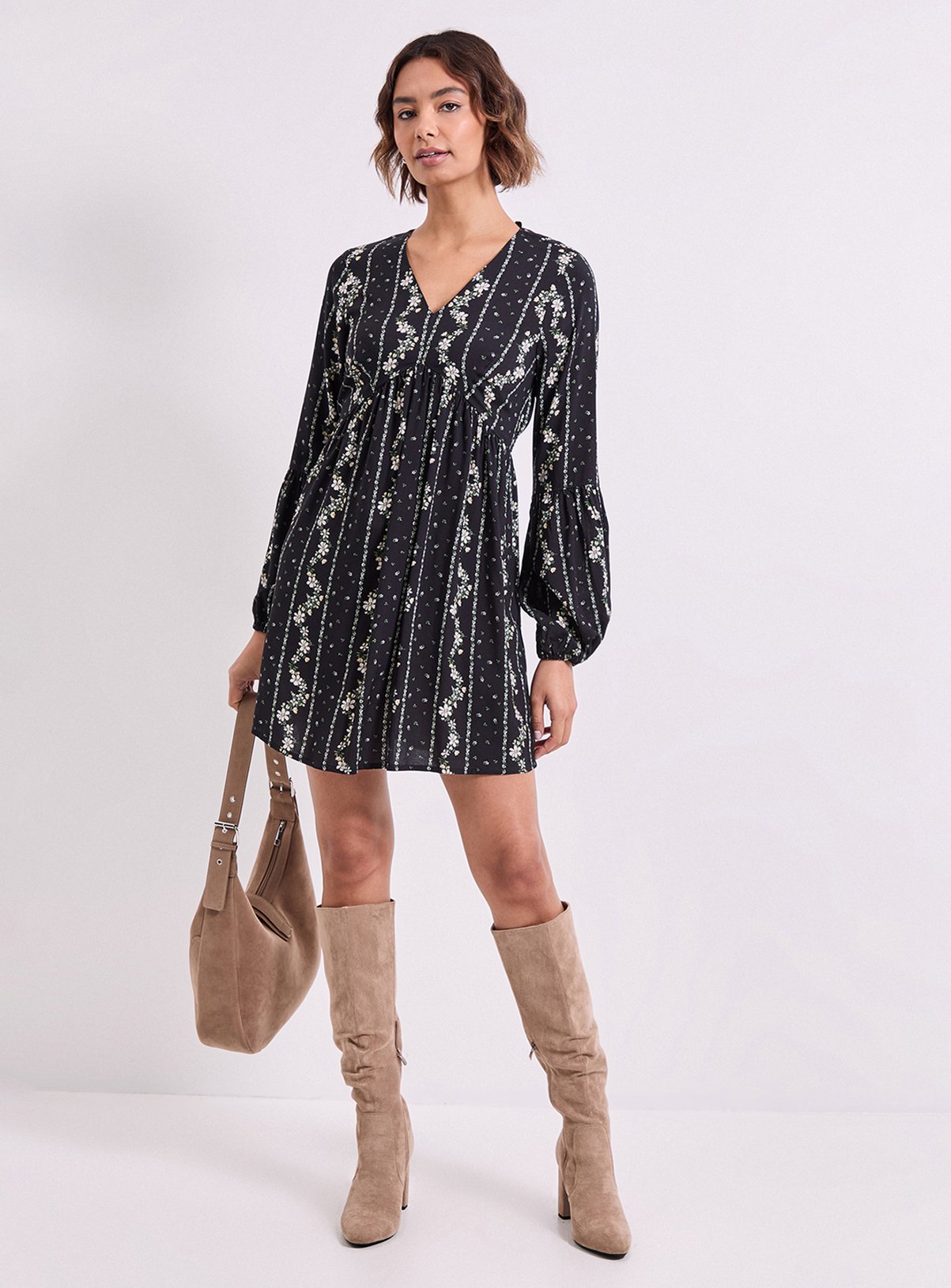 DOROTHY PERKINS V Neck Smock Blouson Sleeve Printed Mini Dress 10 - Image 2 thumbnail