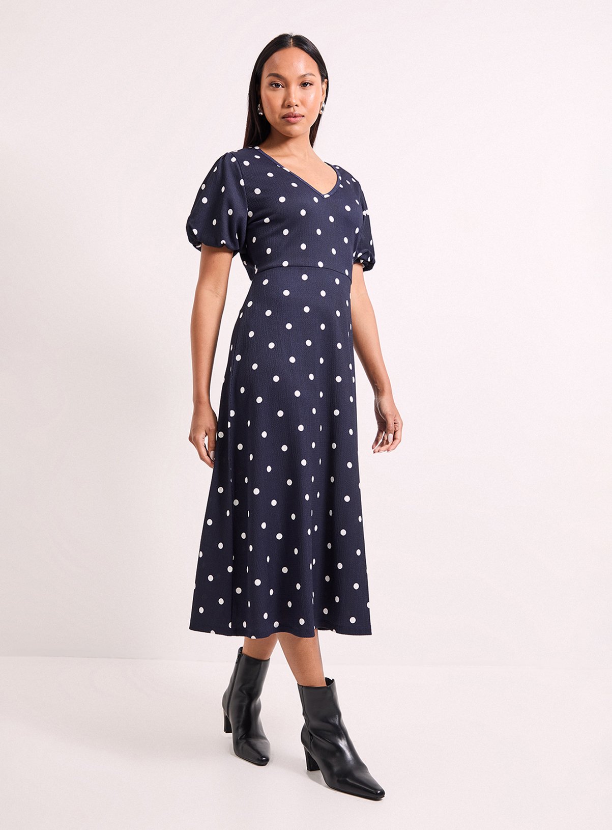 WALLIS Navy Spot Print Jersey V Neck Midi Tea Dress 12 - Image 1 thumbnail