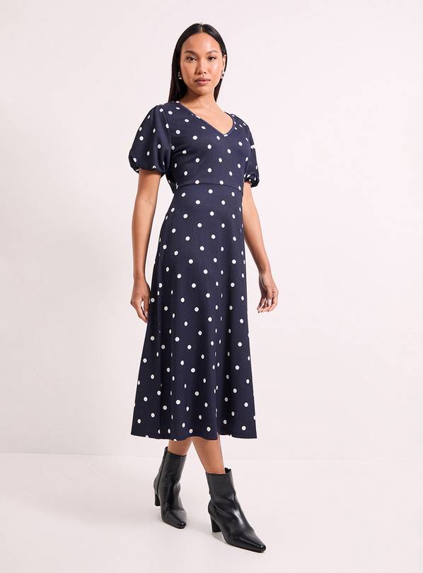 WALLIS Navy Spot Print Jersey V Neck Midi Tea Dress 16