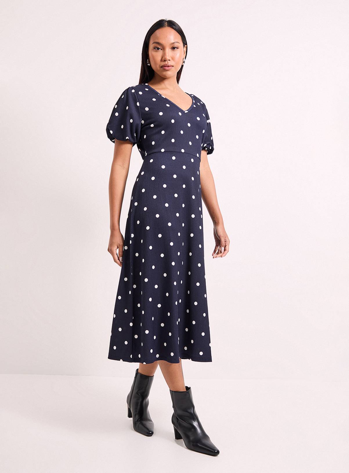 WALLIS Navy Spot Print Jersey V Neck Midi Tea Dress 12 - Image 1