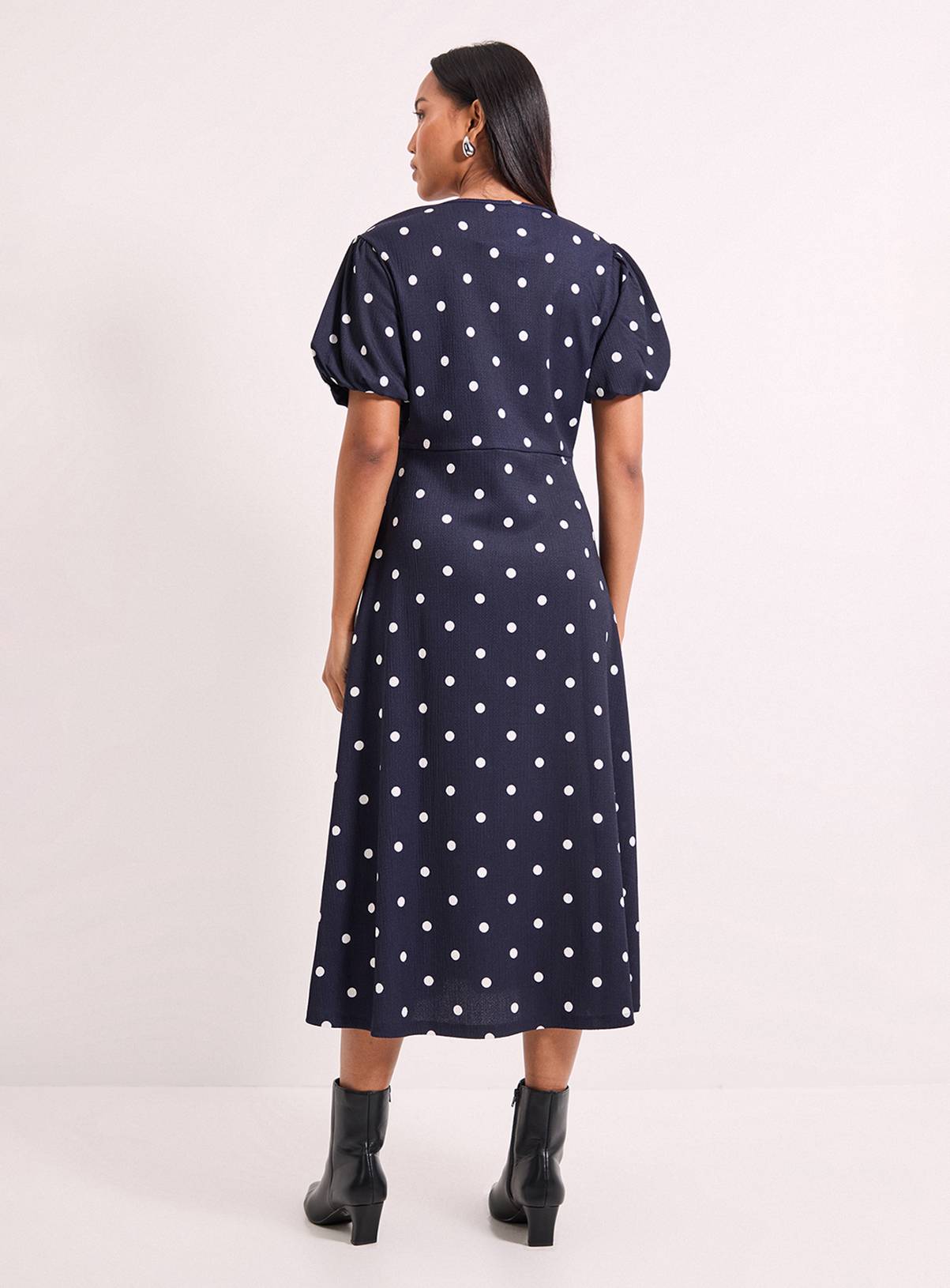WALLIS Navy Spot Print Jersey V Neck Midi Tea Dress 12 - Image 3