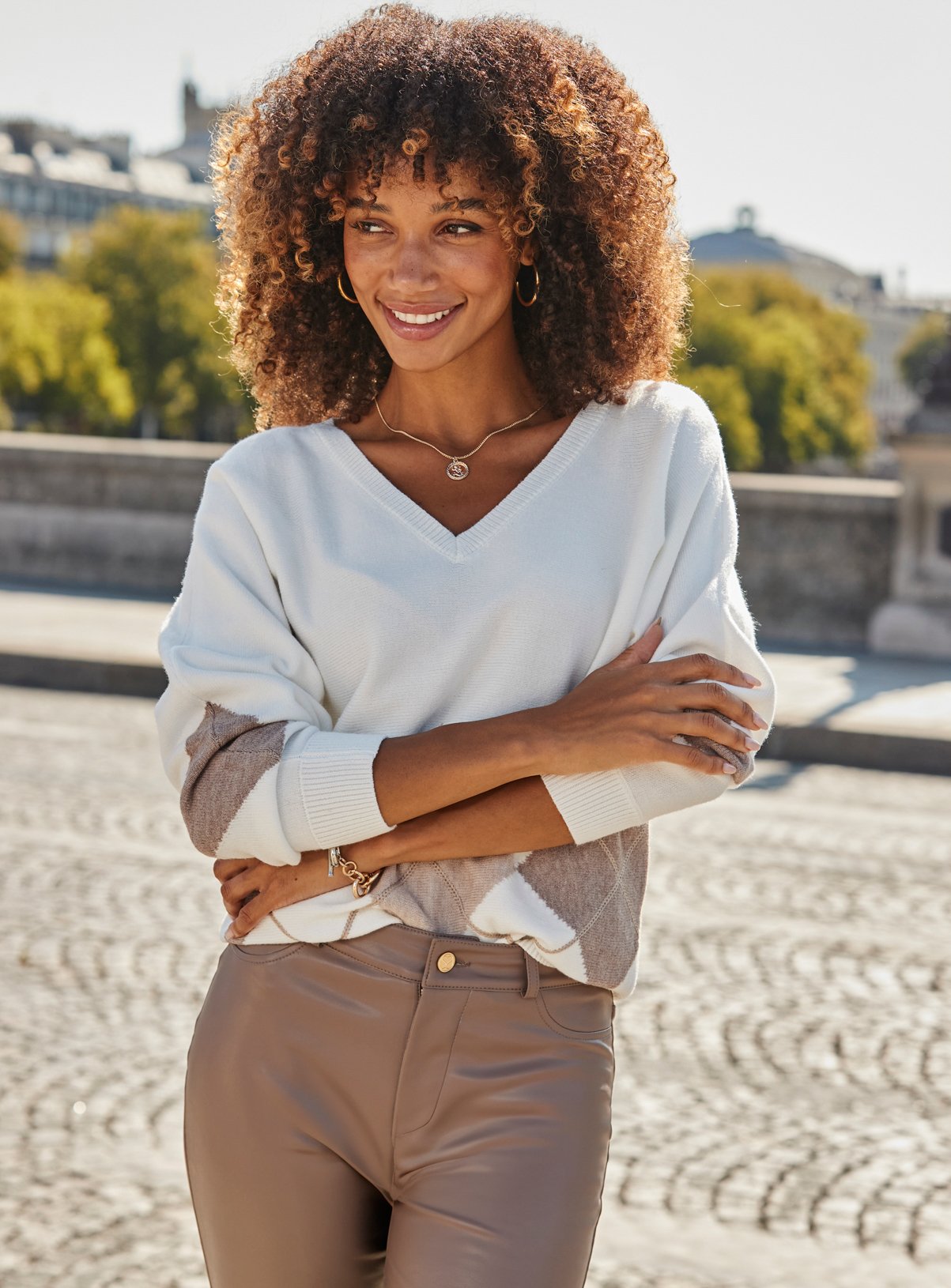 SOSANDAR Ivory And Taupe Argyle Jumper S - Image 5 thumbnail