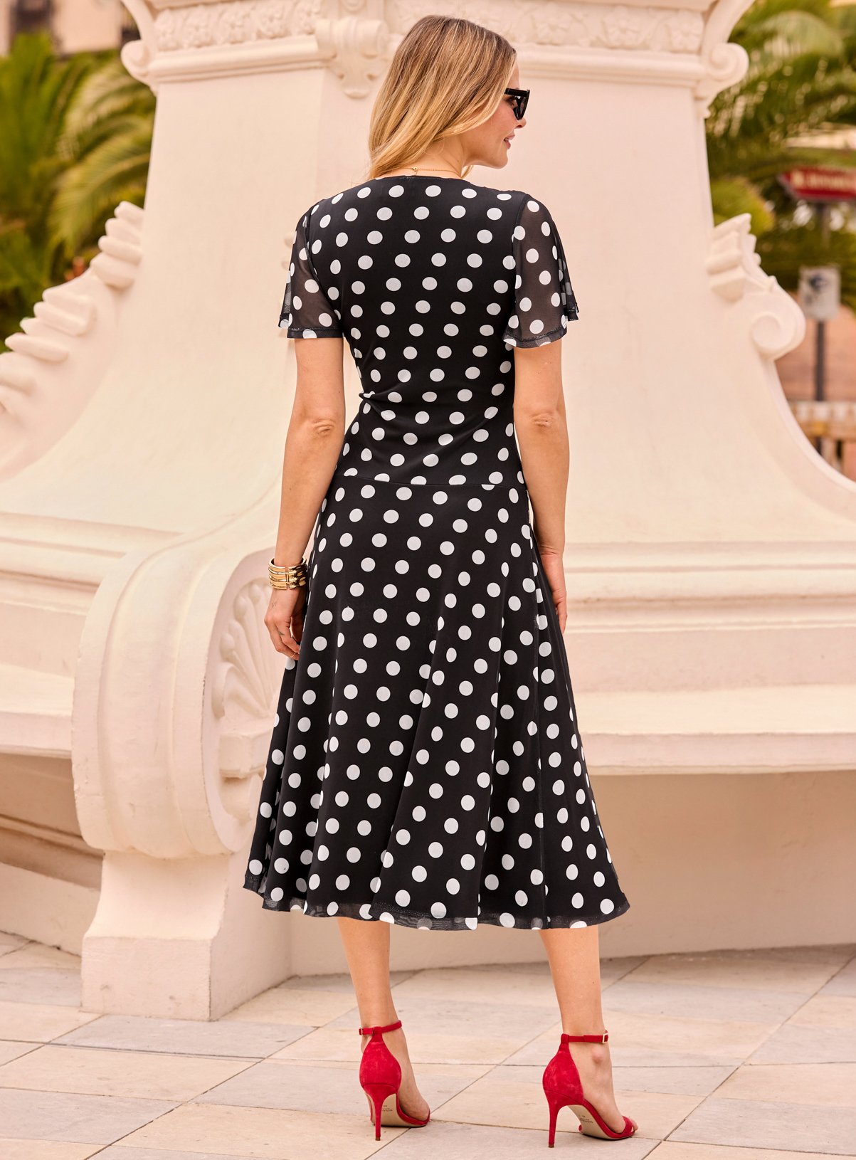 SOSANDAR Black & White Spot Print Mesh Ruched Front Fit & Flare Dress 8 - Image 2 thumbnail