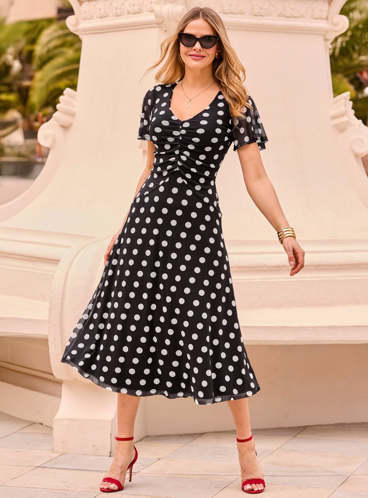 SOSANDAR Black & White Spot Print Mesh Ruched Front Fit & Flare Dress 8 - Image 3 thumbnail