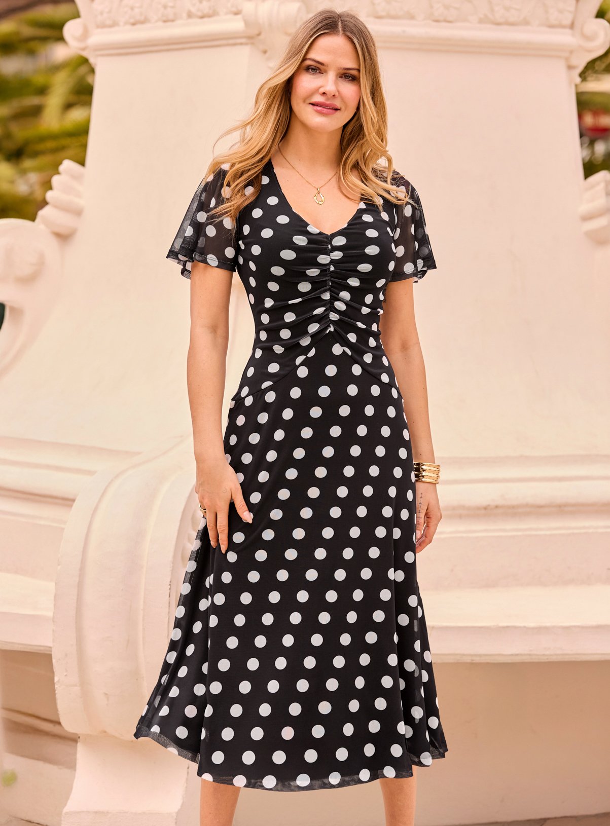 SOSANDAR Black & White Spot Print Mesh Ruched Front Fit & Flare Dress 8 - Image 5 thumbnail