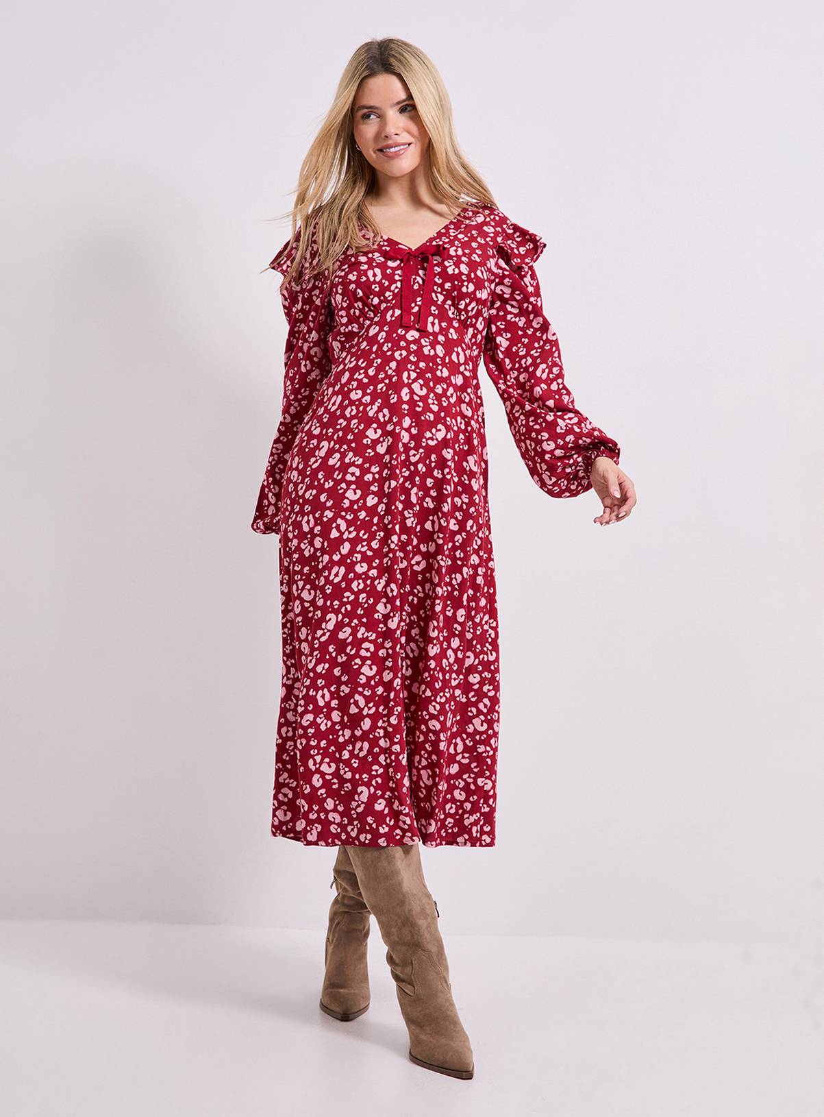 DOROTHY PERKINS Pink Animal Contrast Bow Detail Frill Printed Midaxi Dress 12 - Image 1