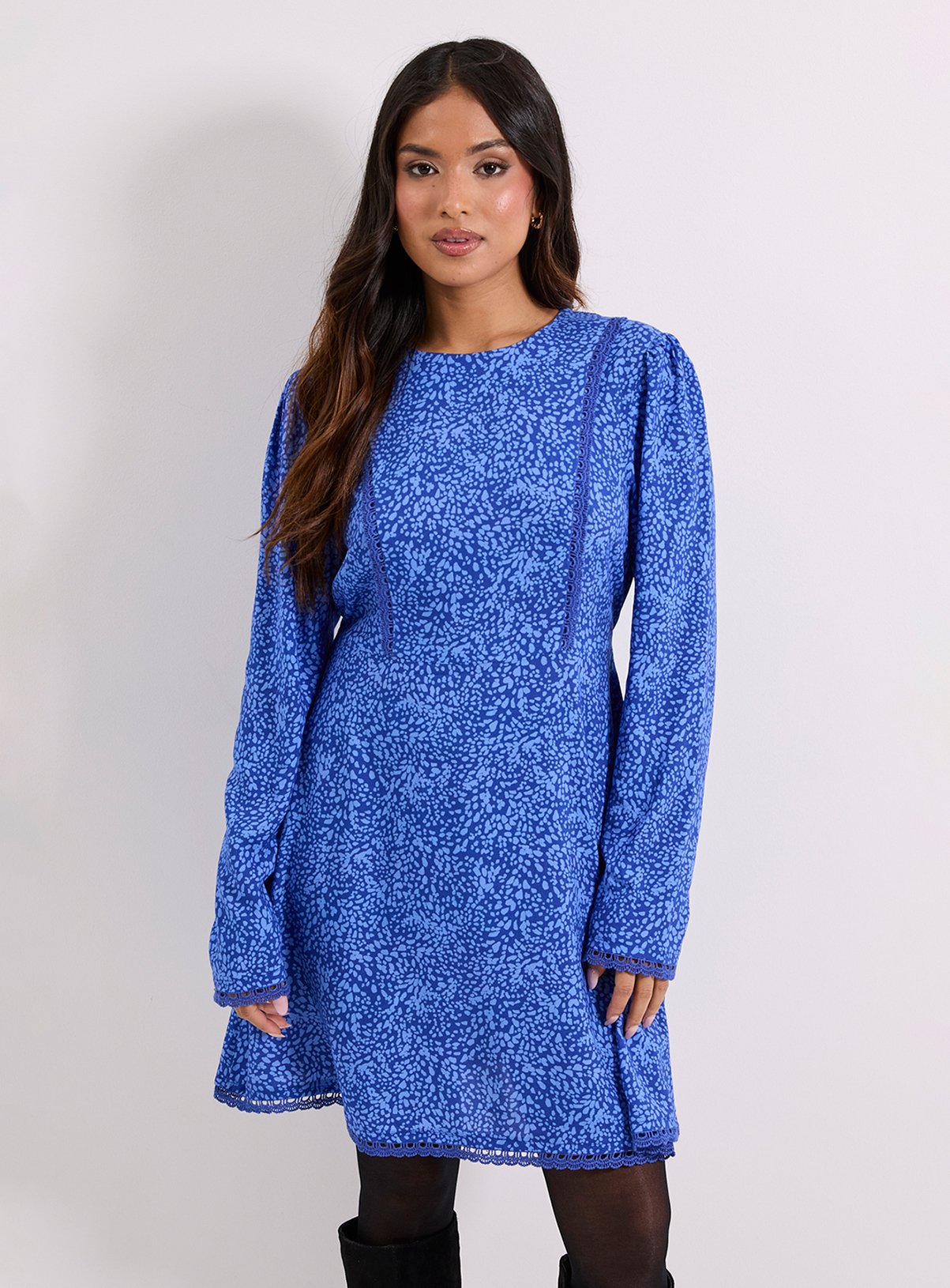 DOROTHY PERKINS Petite Blue Animal Lace Trim Detail Tie Back Printed Mini Dress 10 - Image 1 thumbnail