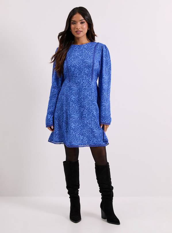 DOROTHY PERKINS Petite Blue Animal Lace Trim Detail Tie Back Printed Mini Dress 14
