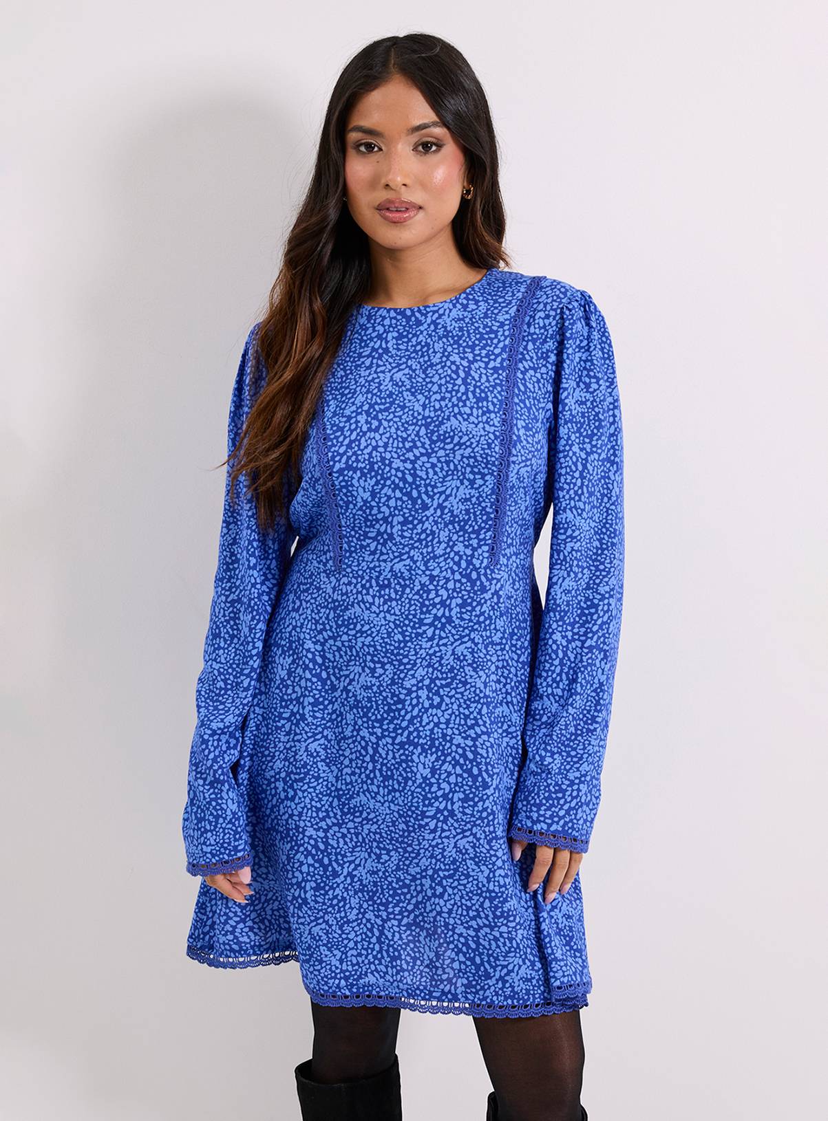 DOROTHY PERKINS Petite Blue Animal Lace Trim Detail Tie Back Printed Mini Dress 10 - Image 1