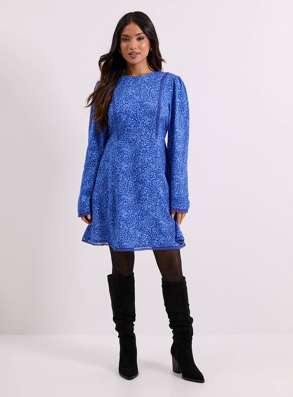 DOROTHY PERKINS Petite Blue Animal Lace Trim Detail Tie Back Printed Mini Dress 10 - Image 2