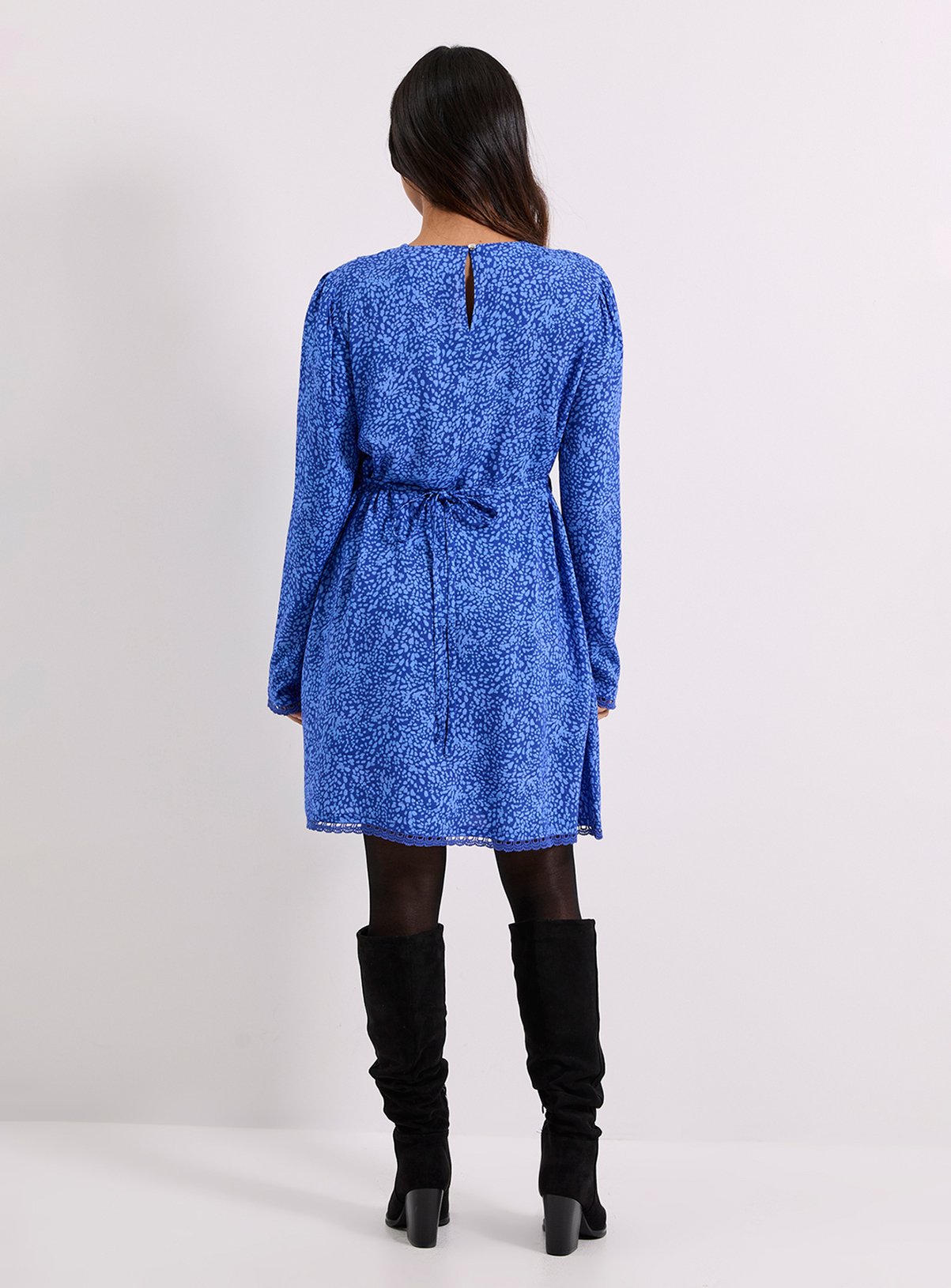DOROTHY PERKINS Petite Blue Animal Lace Trim Detail Tie Back Printed Mini Dress 10 - Image 3 thumbnail