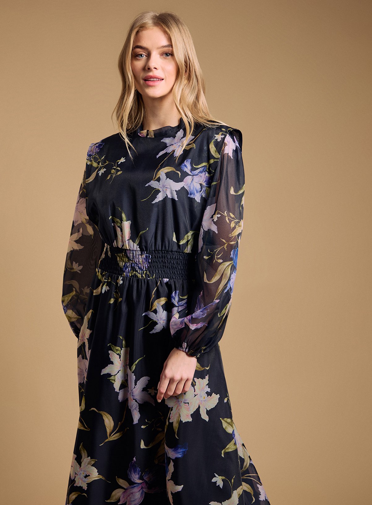 OASIS Floral Organza Shirred Waist Midi Dress 6 - Image 2 thumbnail
