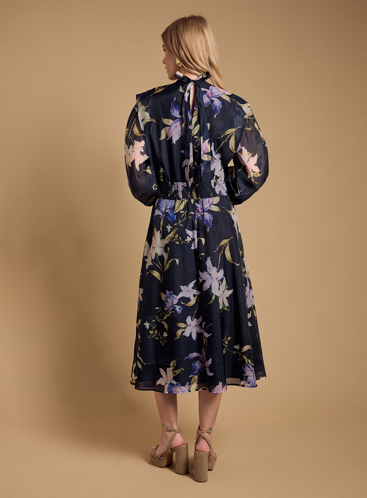 OASIS Floral Organza Shirred Waist Midi Dress 6 - Image 3 thumbnail
