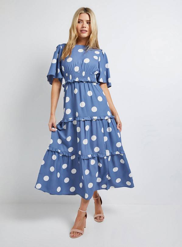 DOROTHY PERKINS Blue Spot Shirred Waist Angel Sleeve Tiered Maxi Dress 18