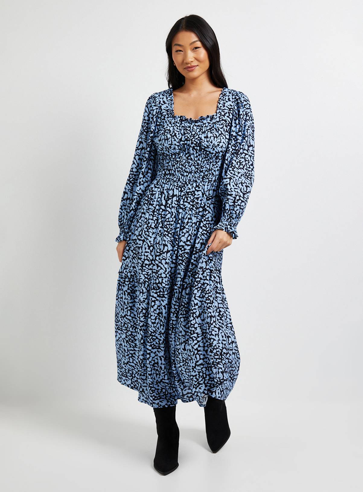 DOROTHY PERKINS Petite Blue Square Neck Blouson Sleeve Tiered Maxi Dress 16 - Image 1
