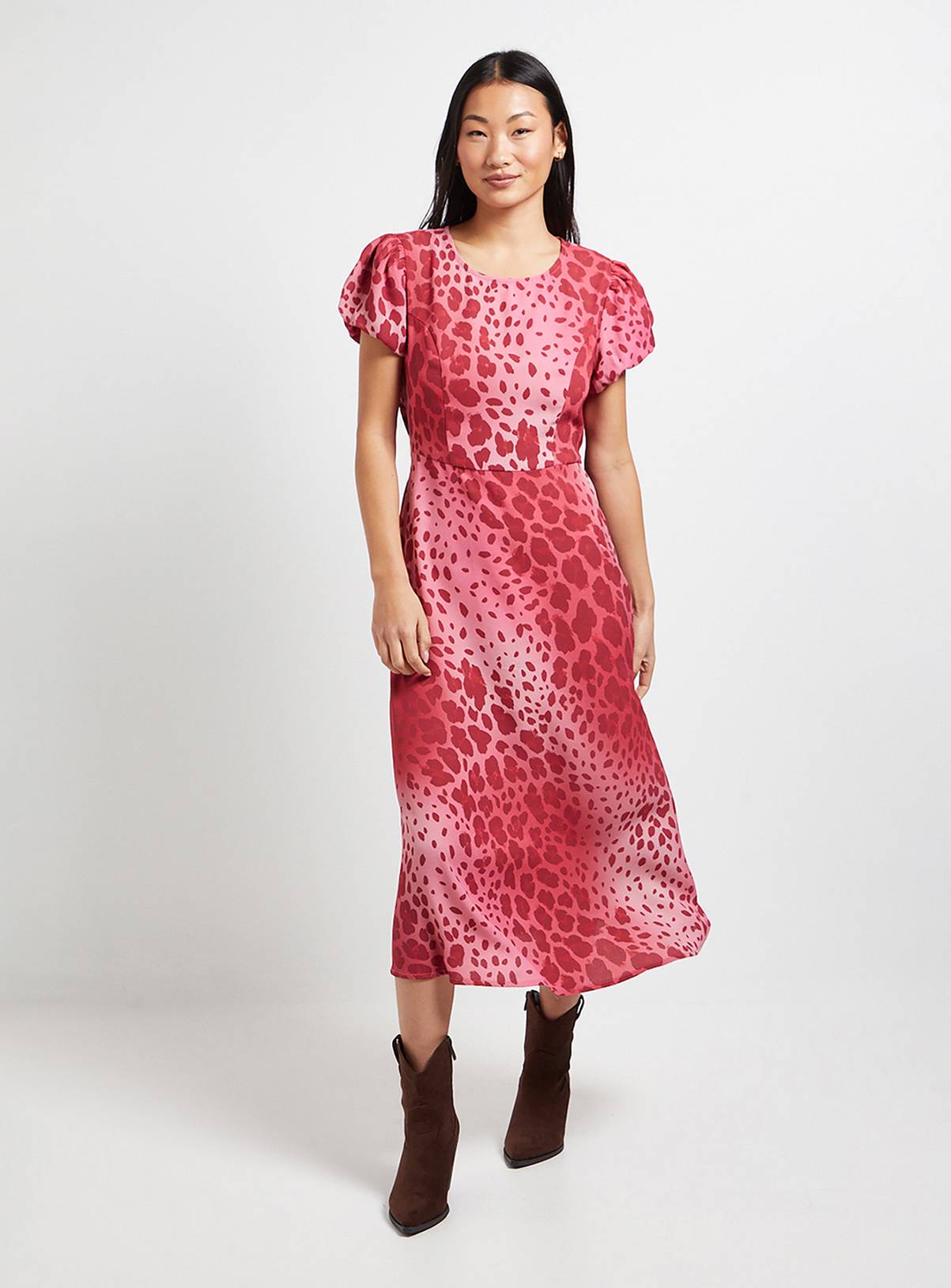 DOROTHY PERKINS Petite Pink Animal Print Tie Back Puff Sleeve Midi Dress 12 - Image 1