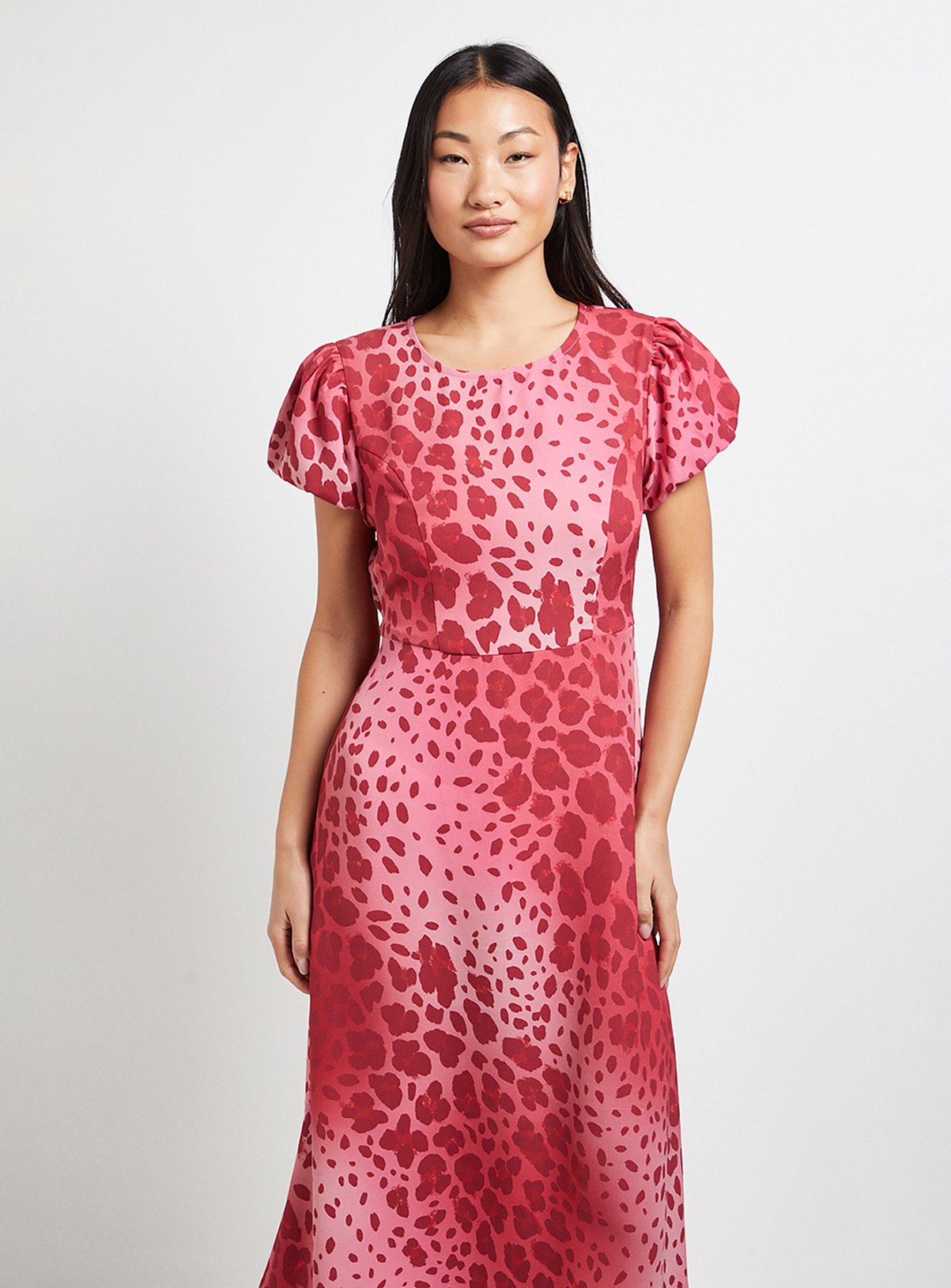 DOROTHY PERKINS Petite Pink Animal Print Tie Back Puff Sleeve Midi Dress 12 - Image 2 thumbnail