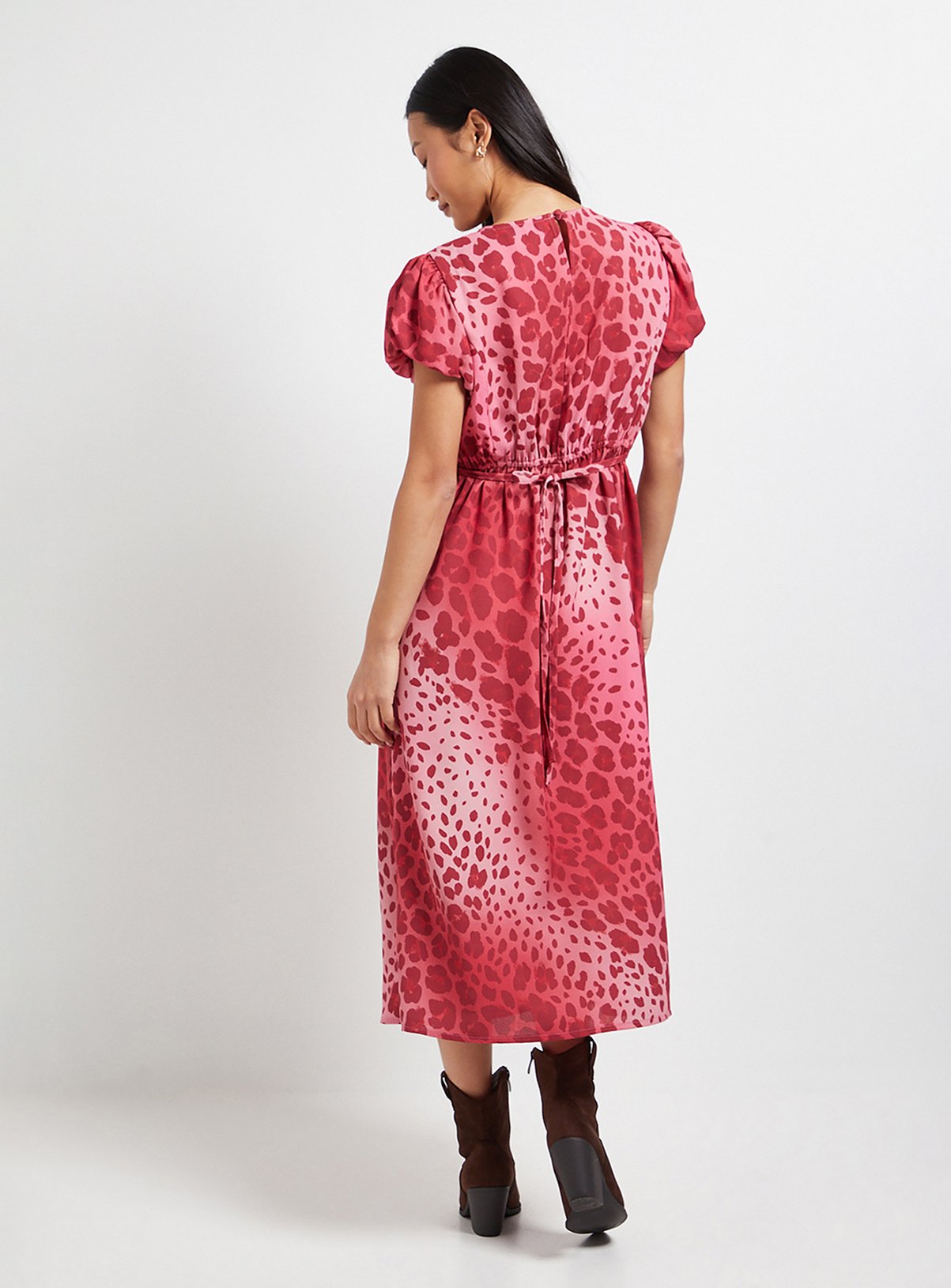 DOROTHY PERKINS Petite Pink Animal Print Tie Back Puff Sleeve Midi Dress 12 - Image 3 thumbnail