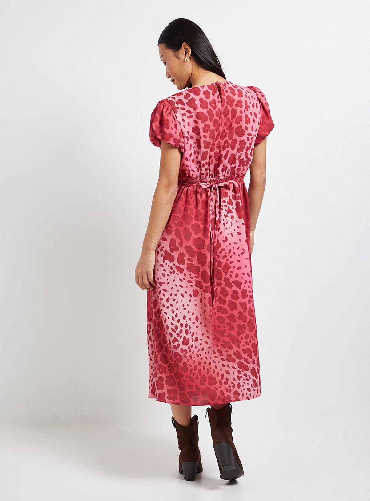 DOROTHY PERKINS Petite Pink Animal Print Tie Back Puff Sleeve Midi Dress 12 - Image 3