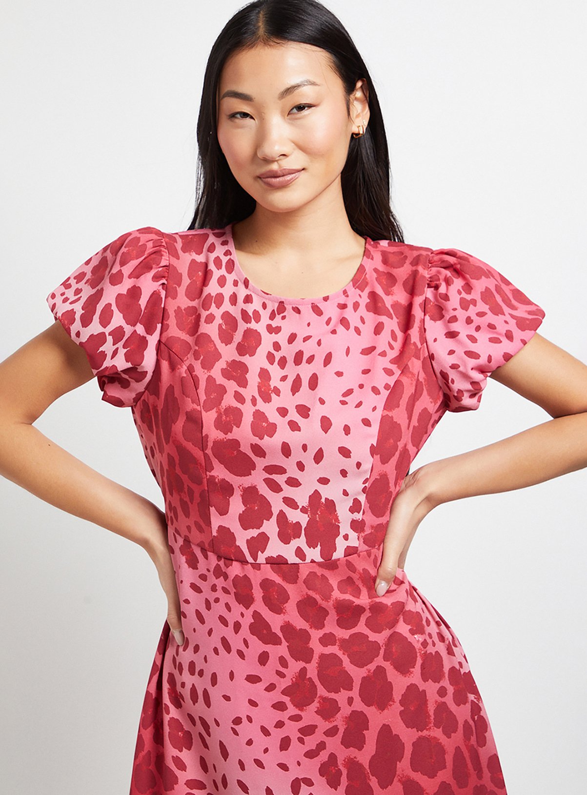 DOROTHY PERKINS Petite Pink Animal Print Tie Back Puff Sleeve Midi Dress 12 - Image 4 thumbnail