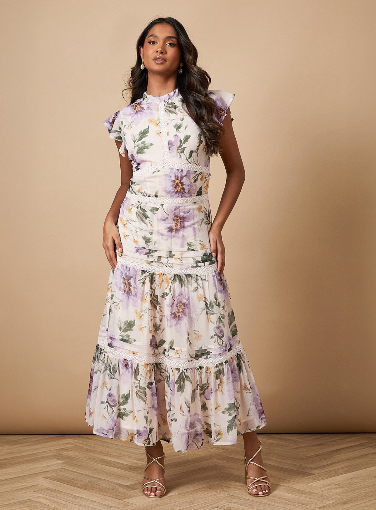 OASIS Floral Printed Chiffon Lace Insert Dress 10 - Image 1 thumbnail