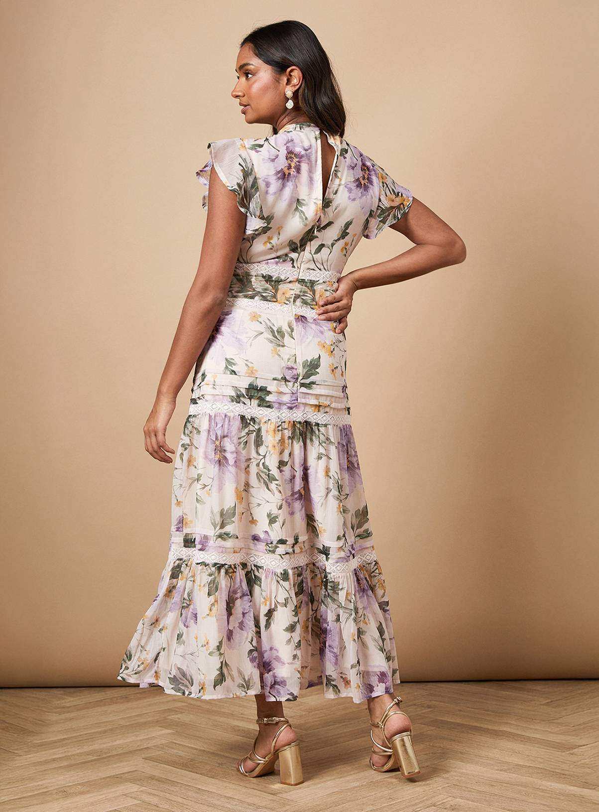 OASIS Floral Printed Chiffon Lace Insert Dress 10 - Image 3