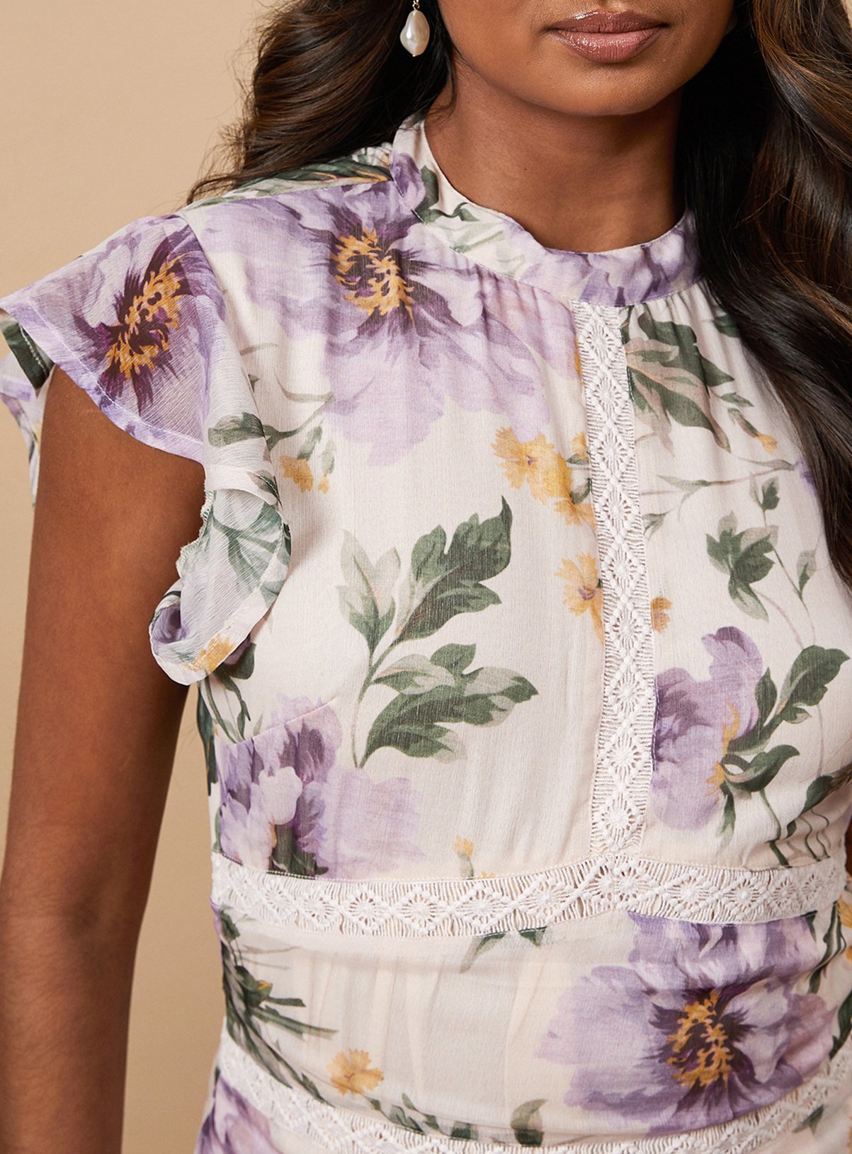 OASIS Floral Printed Chiffon Lace Insert Dress 10 - Image 5 thumbnail