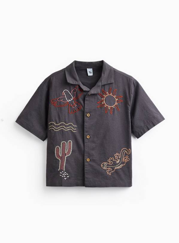 Charcoal Holiday Embroidered Revere Neck Shirt 2-3 years