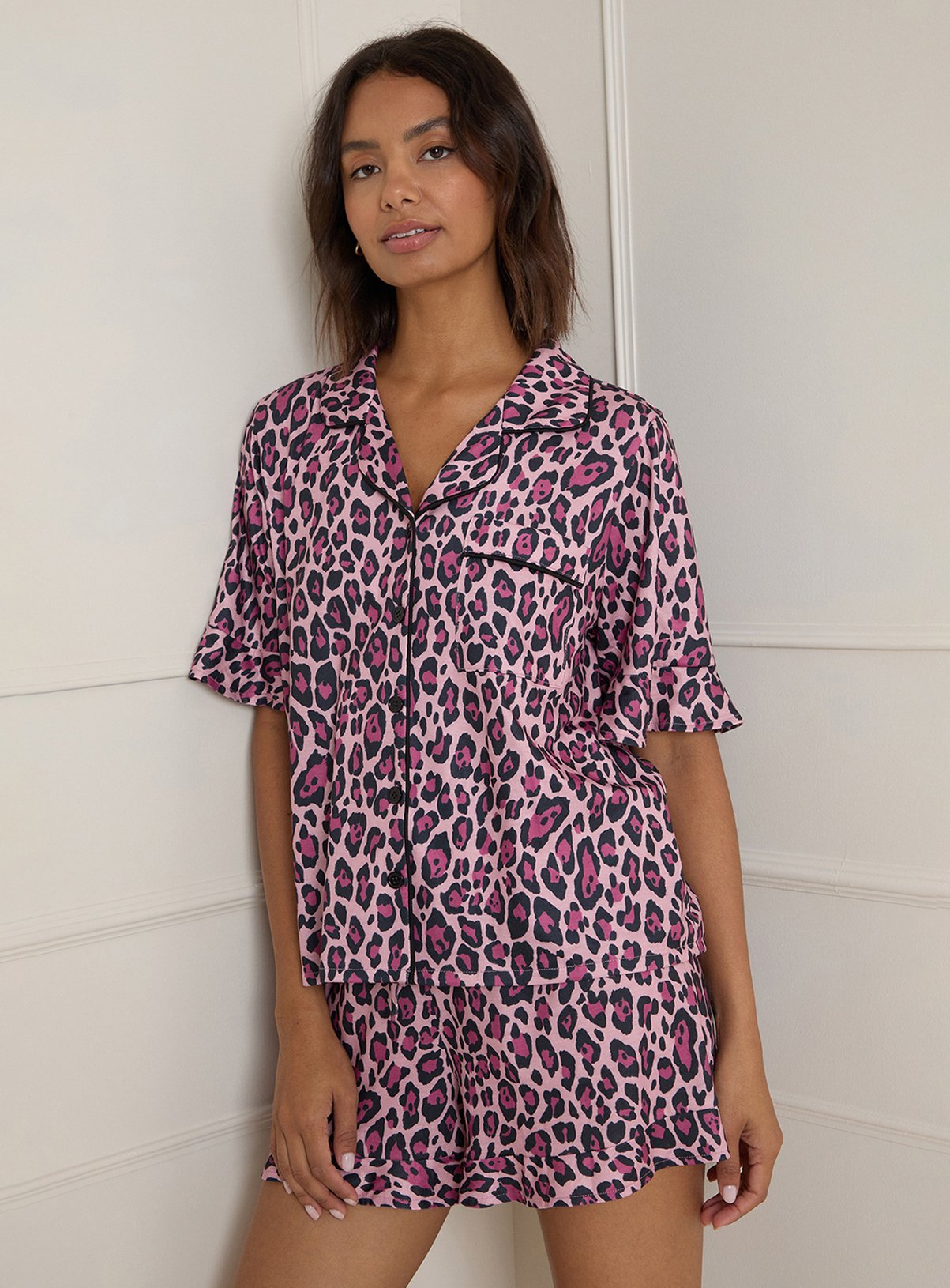 DOROTHY PERKINS Pink Leopard Printed Nightwear Tipped Short Sleeve Pyjama Set