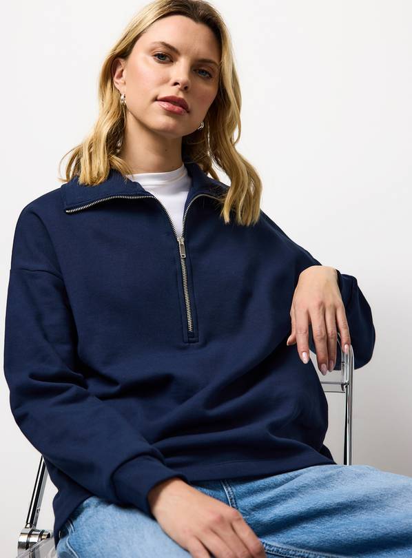 Navy Funnel Neck Quarter Zip Jersey Sweatshirt M