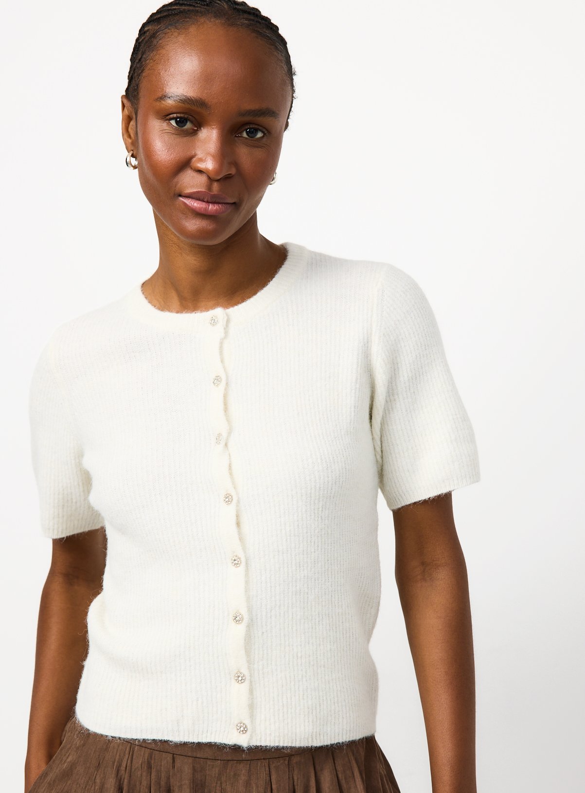Cream Short Sleeve Jewel Button Knitted Cardigan 8 - Image 1 thumbnail