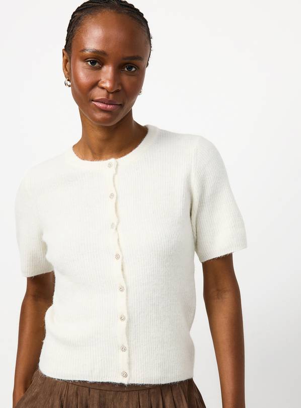 Cream Short Sleeve Jewel Button Knitted Cardigan 6