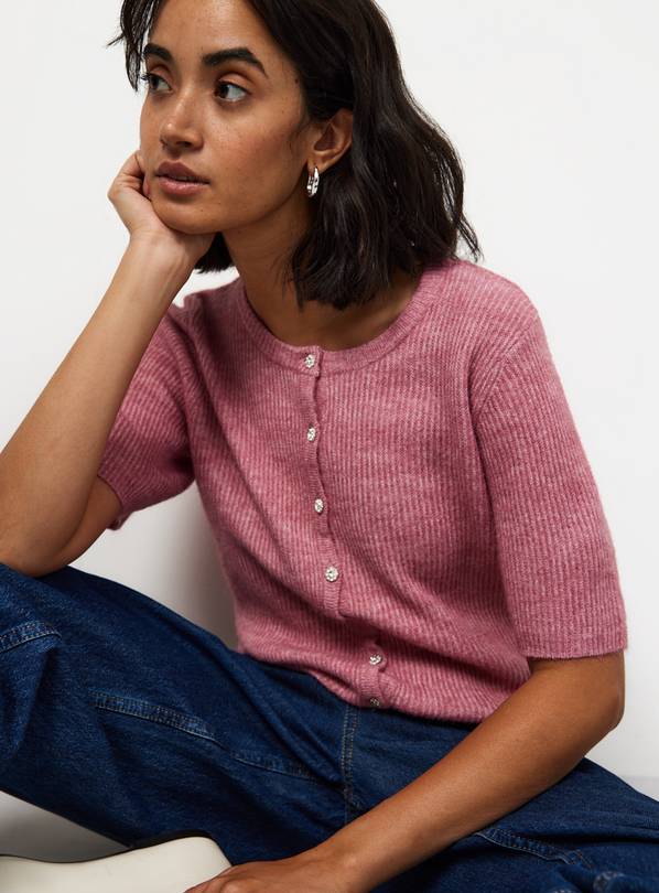 Pink Short Sleeve Jewel Button Knitted Cardigan 14