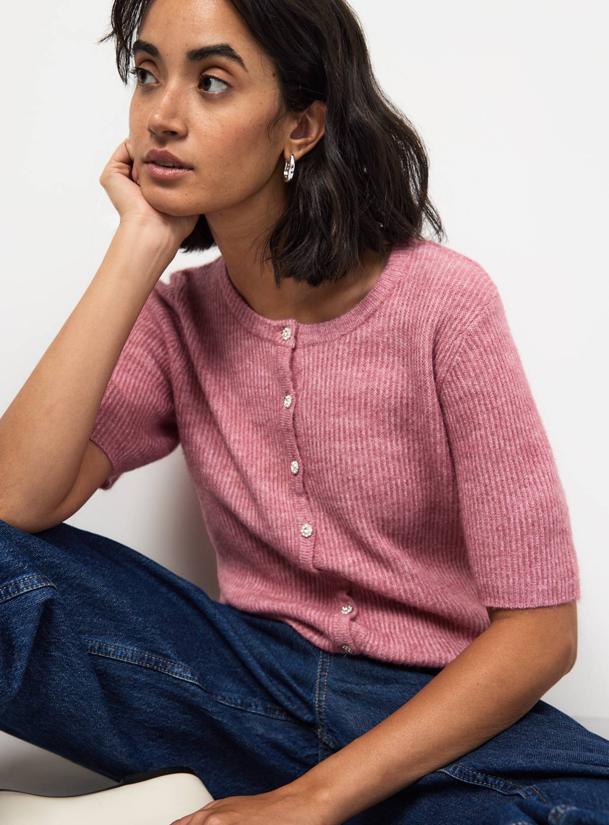 Pink Short Sleeve Jewel Button Knitted Cardigan 16 - Image 1