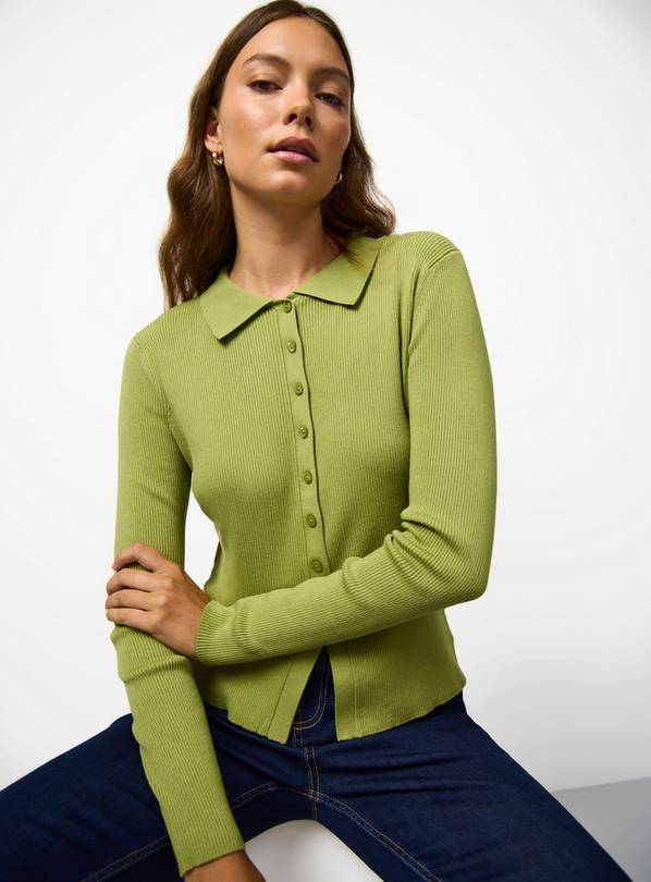 Green Ribbed Button Through Cardigan 14