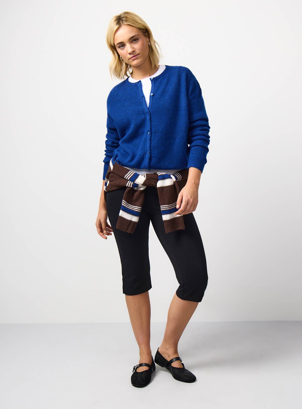 Blue Drawcord Hem Crew Neck Cardigan L - Image 3