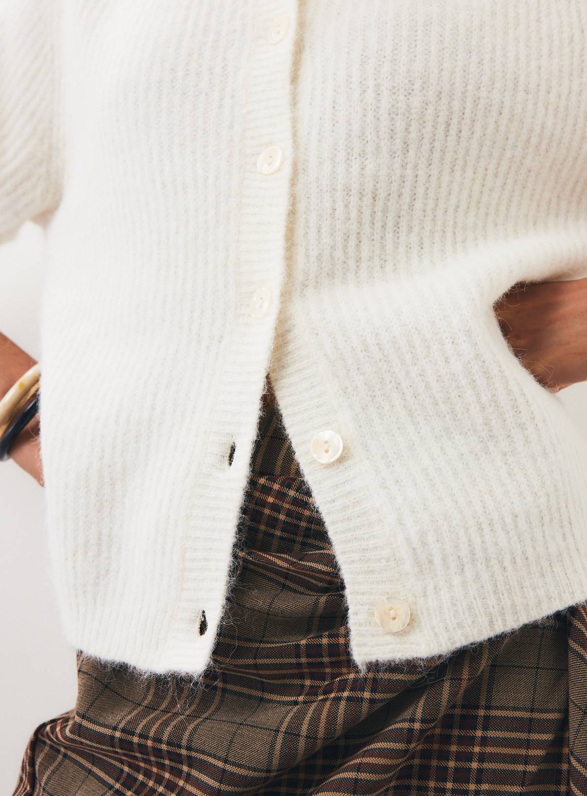 Cream Alpaca Blend Ribbed Button Boxy Cardigan S - Image 3