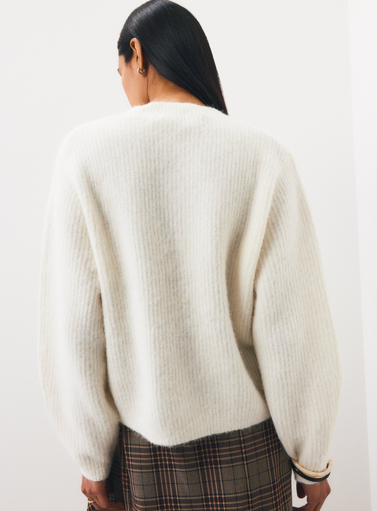Cream Alpaca Blend Ribbed Button Boxy Cardigan S - Image 4 thumbnail