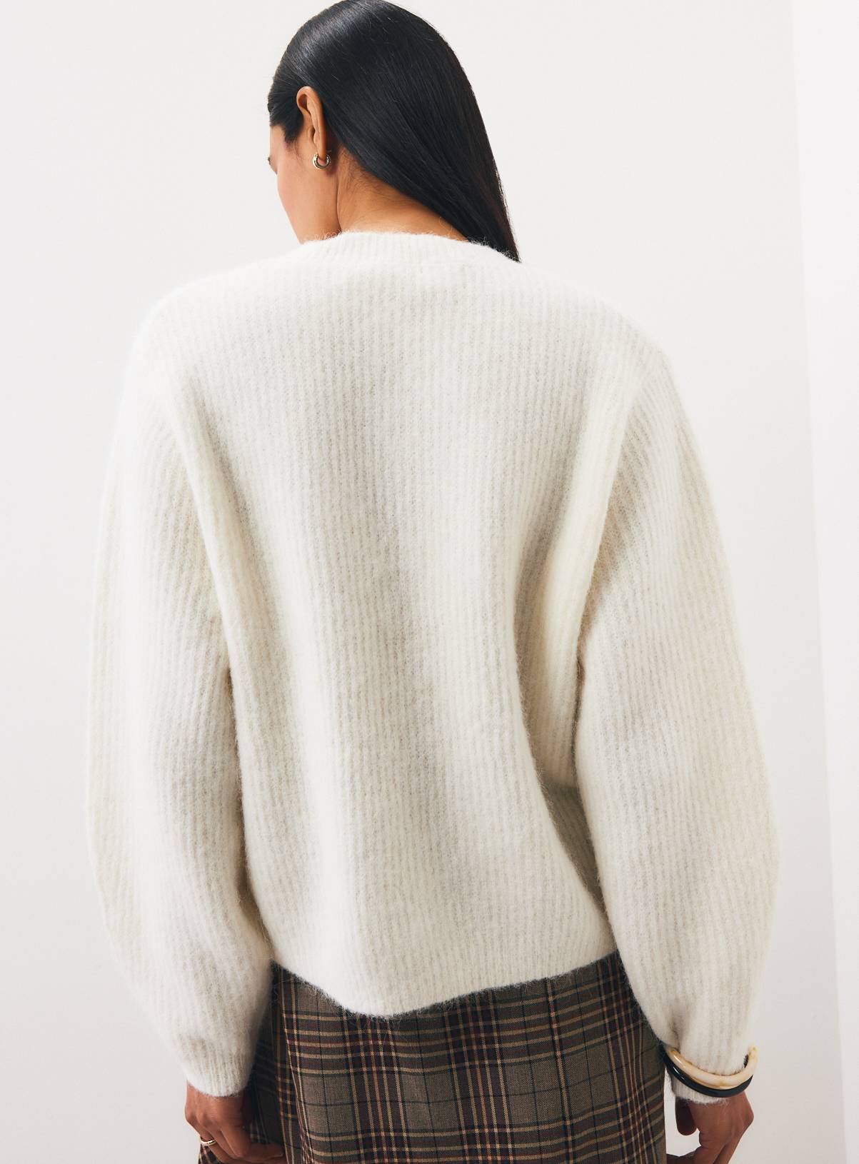 Cream Alpaca Blend Ribbed Button Boxy Cardigan S - Image 4