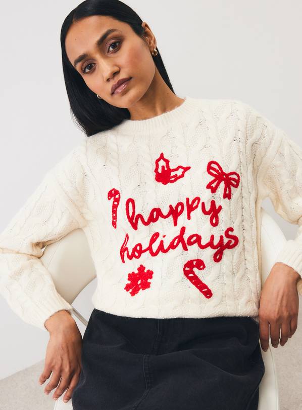 Happy Holidays Cable Knit Christmas Jumper XS
