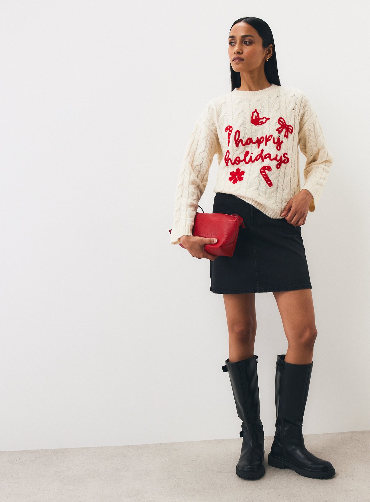 Happy Holidays Cable Knit Christmas Jumper L - Image 2 thumbnail