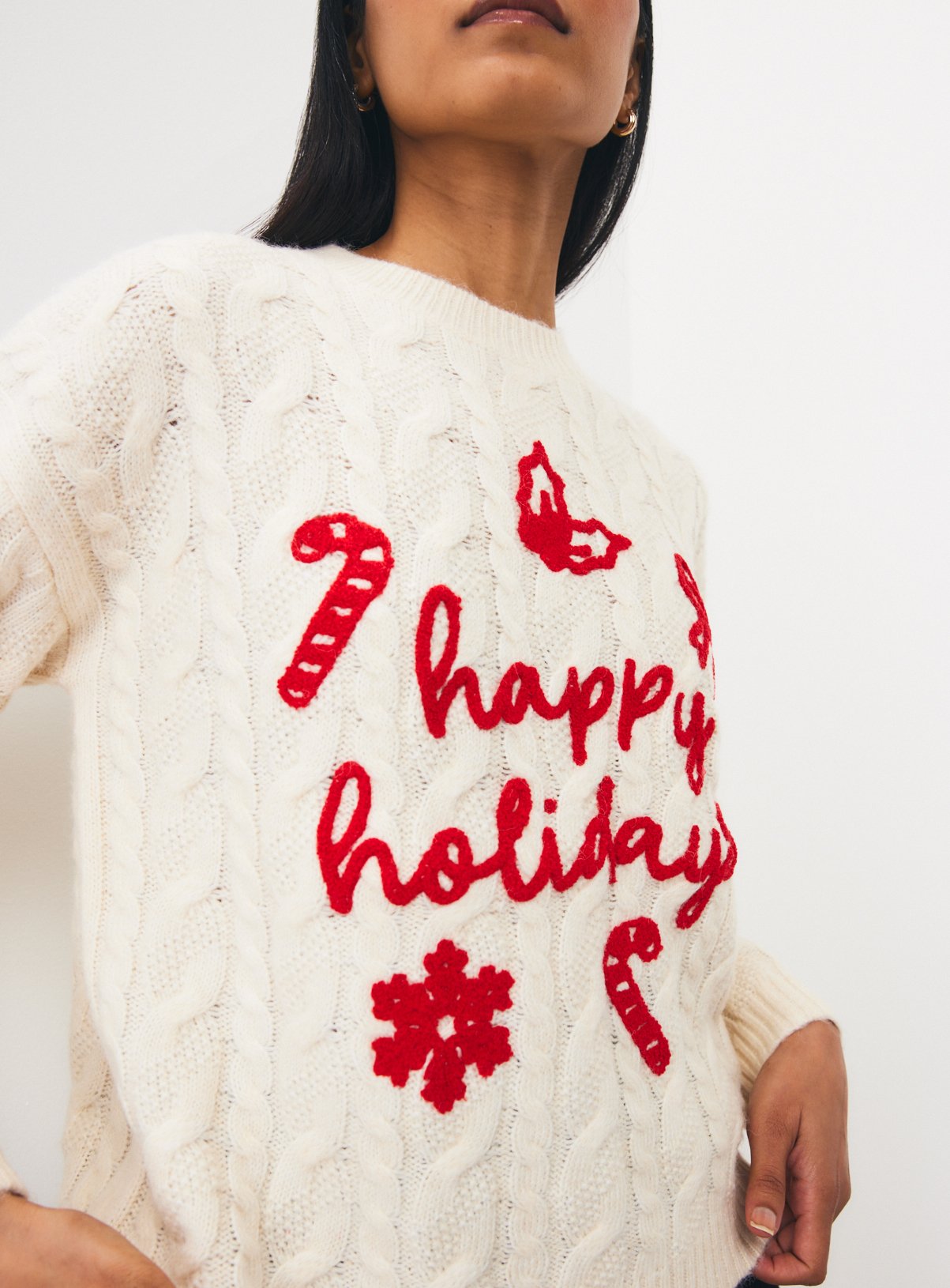 Happy Holidays Cable Knit Christmas Jumper L - Image 3 thumbnail