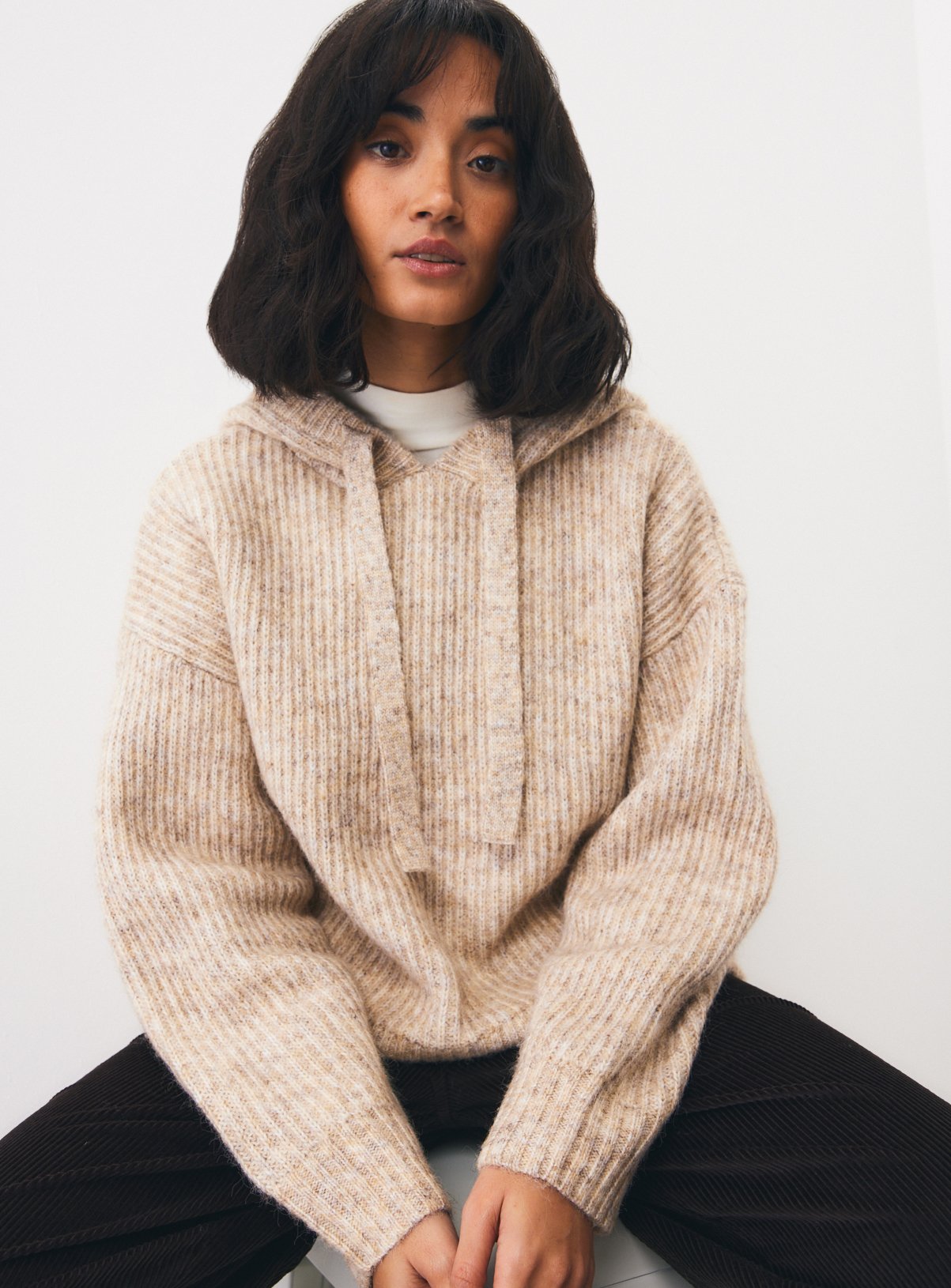 Oatmeal Nordic-Style Ribbed Knitted Hooded Jumper S - Image 1 thumbnail